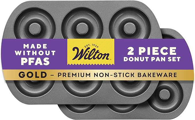 Wilton Gold Non-Stick 2 Piece Donut Pan Set, Cold-Rolled Steel Bakeware, Made without PFAS, Packaging May Vary