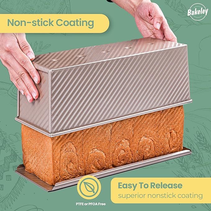 Commercial Pullman Loaf Pan with Lid, 2.2Lb Dough Capacity Non-Stick Rectangle Corrugated Carbon Steel Bread Toast Mold with Cover for Baking Bread (Champagne Gold)