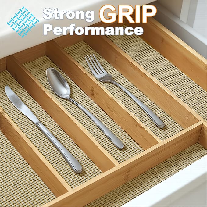 Songrey Non-Adhesive Drawer and Shelf Liner, Non Slip Cabinet Liners, Protect Kitchen Cupboard, Bathroom Drawers, Breathable, Thick Strong Grip mat (12IN x 30FT, Beige)