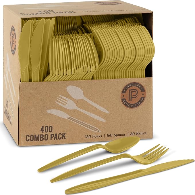 PLASTICPRO 400 Pack Disposable Plastic Utensils Assorted Colored Cutlery Combo Set Forks Spoons Knives Silverware, Gold Plastic Cutlery for Parties