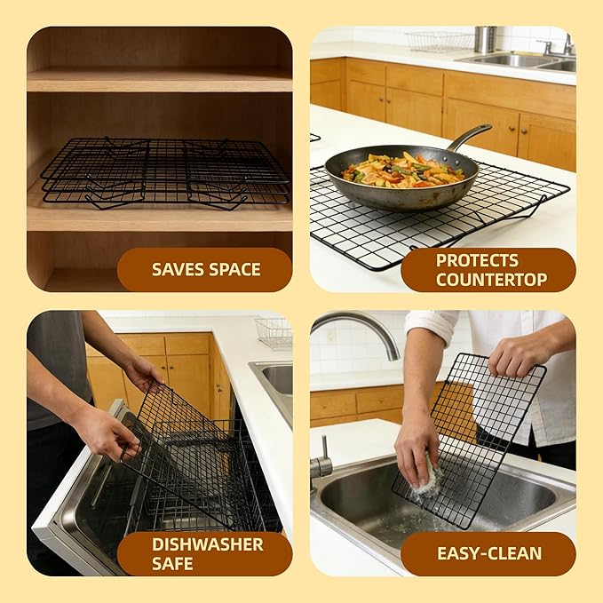 Cooling Rack, 3 Tier Stackable Cooling Racks for Cooking Baking Roasting, Multi-Level Collapsible Cookie Rack for Cakes, Oven Safe & Easy Clean (Black, 3-Tier)