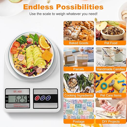 Partyreal Digital Kitchen Scale, Stainless Steel Food Scale with Tare and oz/g Units, Replaceable Battery Power, 10kg, Silver