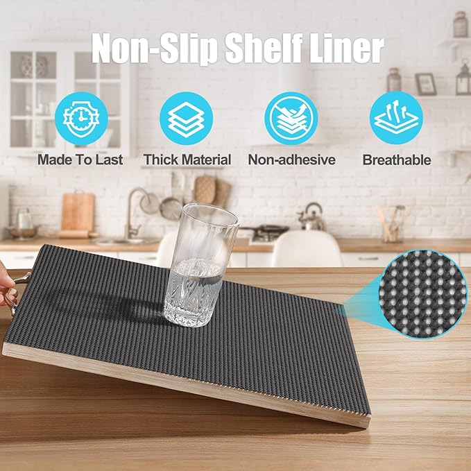Songrey Non-Adhesive Drawer and Shelf Liner, Non Slip Cabinet Liners, Protect Kitchen Cupboard, Bathroom Drawers, Breathable, Thick Strong Grip mat (12IN x 30FT, Black)