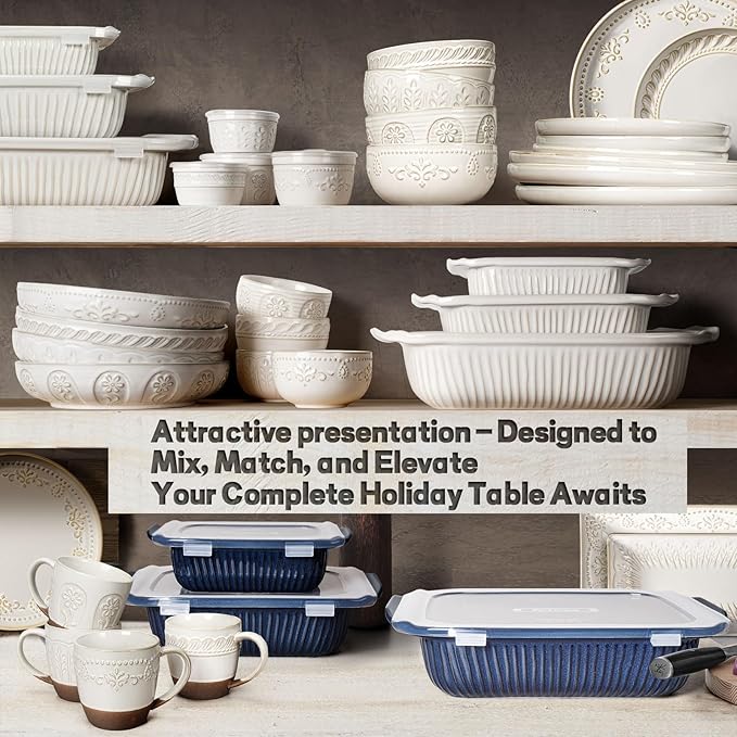 Artena Baking Dish 2.3 Quarts, Casserole Dishes For Oven, Baking Pan With Handles, Lasagna Pan Deep, Large Casserole Dish, Rectangular Ceramic Bakeware, Blue (Baking Dish With Lids)