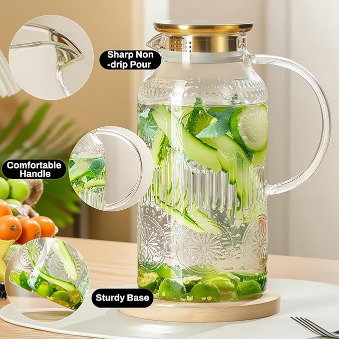 Glass Pitcher with Lid and Handle, 2 PACK 68 oz/2 Liter Vintage Embossed Sun Flower Water Pitcher, Clear Borosilicate Glass Water Carafe for Cold Brew, Iced Sun Tea,Beverage, Heat Resistant