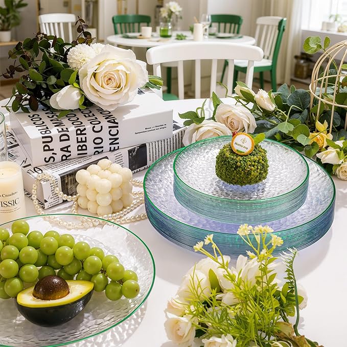 Rubtlamp 60Pcs Easter Plastic Plates Plates, Clear Plastic Disposable Plates With Green Rim, Green Heavy Duty Fancy Hammered Party Plate Include 30 Dinner Platos,30 Salad Platos for Party Spring