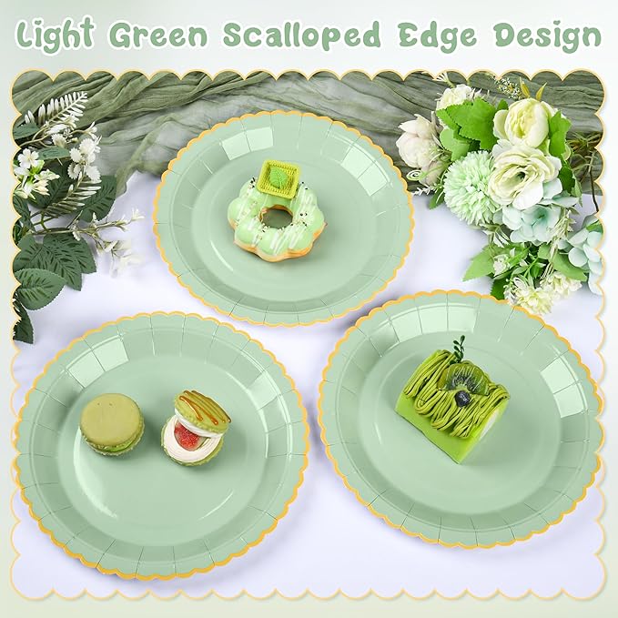 30 Pcs Sage Green Paper Plates, 9 Inch Easter Plates Sage Green Dessert Plates with Gold Scalloped Edge, Disposable Baby Shower Dinner Plates Party Supplies for Baby Shower, Wedding, Birthday