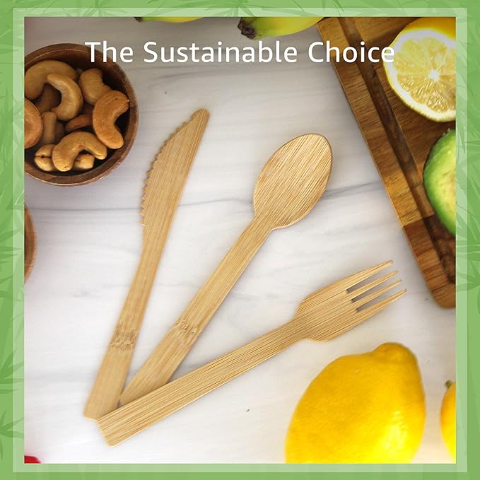 100% Bamboo Cutlery Set - 3000 Utensil Disposable Set (1800 Forks, 600 Spoons, 600 Knives) | Reusable or Disposable Utensils for Party | FSC Certified Flatware for Weddings, Camping, Parties