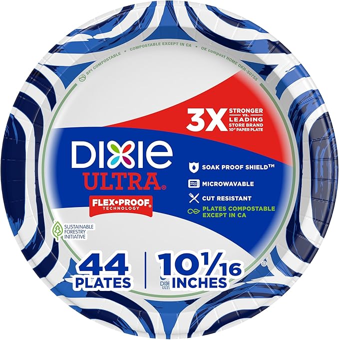 Dixie Ultra, Large Paper Plates, 10 Inch, 44 Count, 3X Stronger*, Heavy Duty, Microwave-Safe, Soak-Proof, Cut Resistant, Disposable Plates For Heavy, Messy Meals