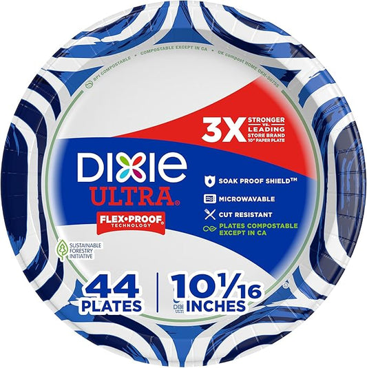Dixie Ultra, Large Paper Plates, 10 Inch, 44 Count, 3X Stronger*, Heavy Duty, Microwave-Safe, Soak-Proof, Cut Resistant, Disposable Plates For Heavy, Messy Meals