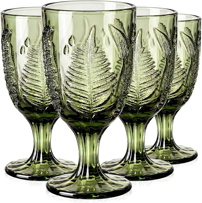 Vintage Green Stemmed Goblets Set of 4, Fern Embossed Textured Glass Wine Goblets, Retro Boho Colored Stemware, Decorative Drinking Glasses for Water, Wine & Cocktails, Vintage Glassware Gift Set