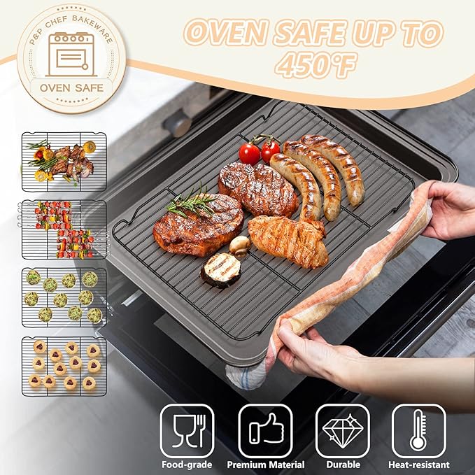 P&P CHEF Cooling Baking Rack Pack of 2, 16.6" x 11.5", Stainless Steel Cooling Racks for Cooking Baking Roasting Grilling Drying, Dense Wires & Smooth Edge, Easy to Clean, Black