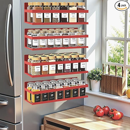 Magnetic Spice Rack for Refrigerator Seasoning Organizer for Spice Fridge Shelf storage Magnetic Shelf with Hook for Oven(6pack) (4Pack-Cut out-red)