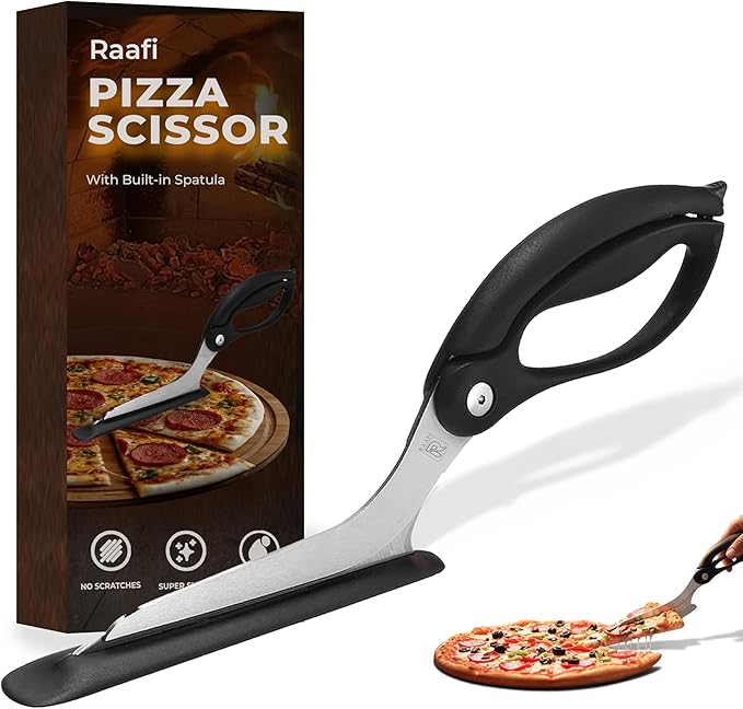 Pizza Scissors with Non Stick Slice Server. Sharp Pizza Cutting Without Topping Mess.Firm Grip, Food Grade Stainless Steel Pizza Cutter. Dishwasher Safe. 4 in 1 Kitchen Tool