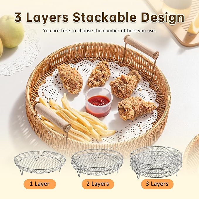 8 Inch Air Fryer Rack, 3 Layers Stainless Steel Air Fryer Basket, Stackable Cooling Racks, Air Fryer Accessories Fit for 4.2-5.8 QT Oven Press Cooker, Round