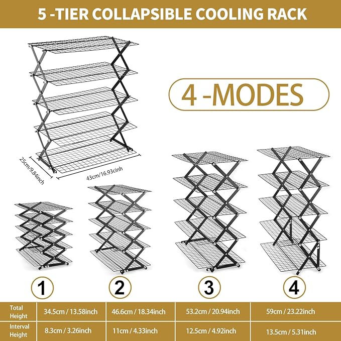 5-Tier Stackable Cooling Rack for Baking, Collapsible Wire Cookie Rack with Adjustable Heights, Non-Stick Roasting & Drying Rack for Cupcakes, Pies and Pastries, Space-Saving Kitchen Essential