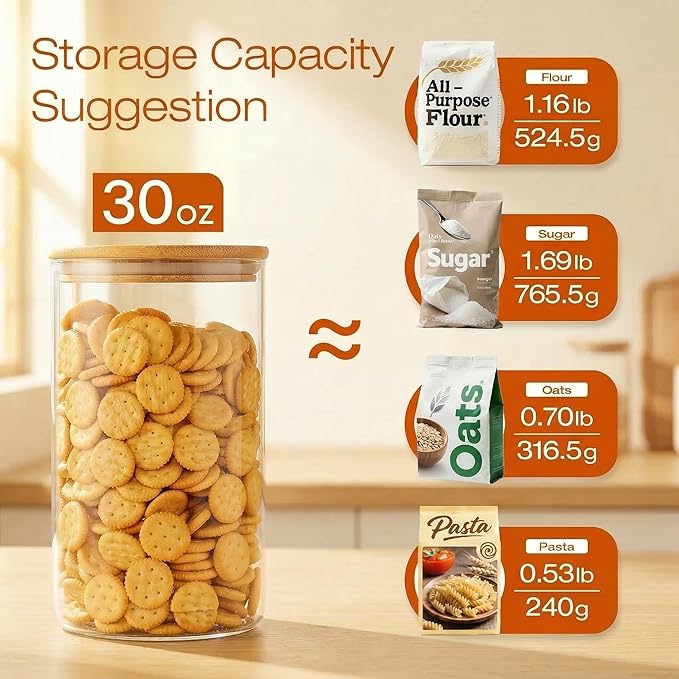 Glass Jars with Bamboo Lids 28 floz [Set of 8], Glass Canisters with Airtight Lids, Glass Food Storage Containers for Pasta, Oats, Coffee, Flour, Sugar, Rice, Best for Kitchen & Pantry