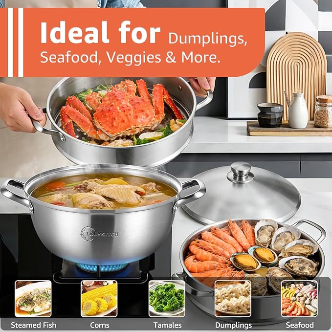 LOLYKITCH 8QT Stainless Steel Steamer Pot - 3 Tier Steamer for Cooking Dumplings & Veggies, 12 Inch Large Induction Stock Pot for All Stovetops, Heavy Duty