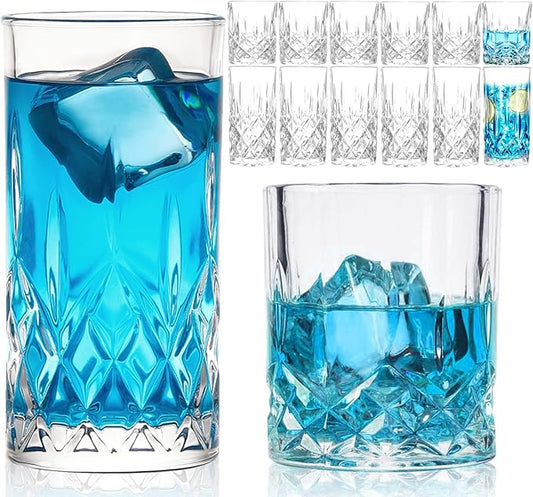Drinking Glasses, 12 Piece Crystal Glass Cups, Mixed Glassware Set, 6 pcs Crystal Old Fashioned 11oz Highballs and 6 pcs 11oz Whiskey Glasses, Great for Cocktail, Whisky and other Beverages