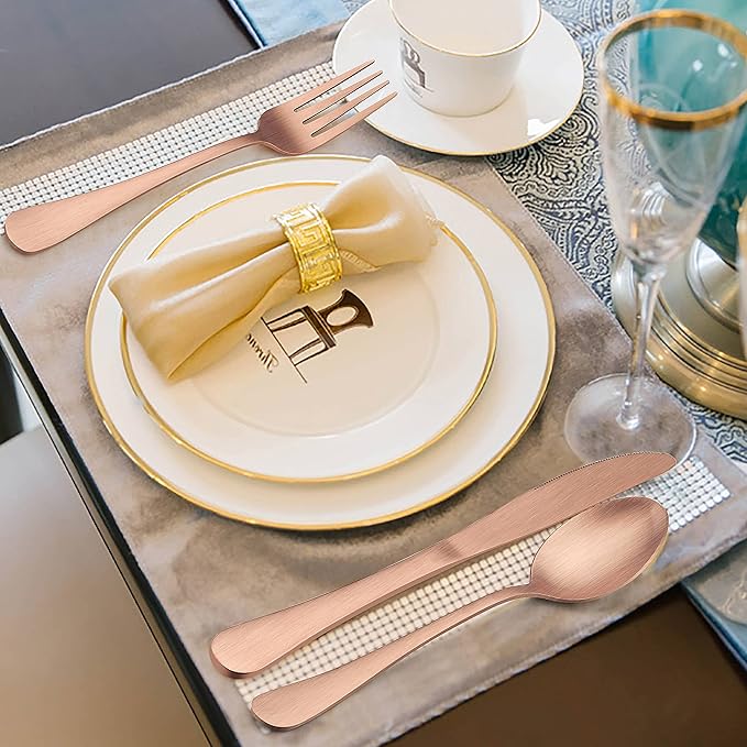 LIANYU 40 Piece Matte Copper Silverware Set, Stainless Steel Rose Gold Flatware Cutlery Set for 8, Fancy Kitchen Utensil Tableware for Home Restaurant Party, Satin Finish, Dishwasher Safe