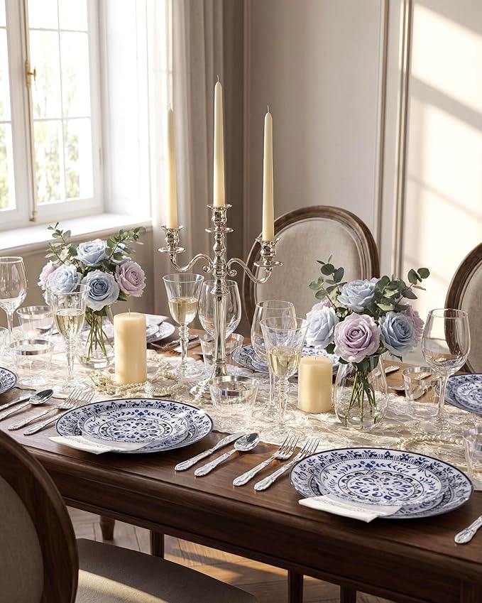 Hioasis 60pcs Blue Plastic Plates Set - Floral Blue & White Porcelain Design, 10.25" Dinner & 7.5" Dessert Plates Disposable for Wedding (Dishwasher Safe, Traditional Style)