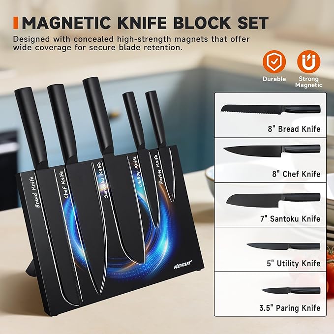 Kitchen Knife Set, 6 Pieces Knife Set with Foldable Magnetic Knife Block, Japanese Knife Sets, High-Grade 5CR Stainless Steel Chef Knives Sets with Wood Block, Professional Chef's Knife Set