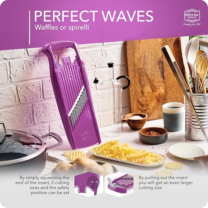 Börner by Reston Lloyd Wave-Waffle Power Line • Crinkle Cut/Spirelli Vegetable Slicer • Slicer for Wave Waffle Cut Style • Multiple Thickness Options • Made in Germany, Purple