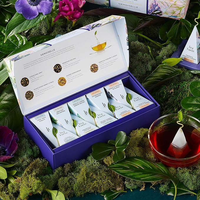 Tea Forte Easter Gifts for Adults - Premium Petite Presentation Box Gift Set Sampler, 10 Count, 2 of Each Blend Individually Wrapped Handcrafted Pyramid Infuser Bags, Demoiselle Tea