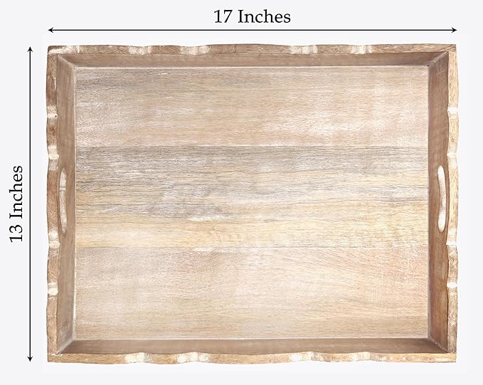 Hand Carved Solid Wood Serving Tray - Decorative Breakfast Tray with Handles - Rustic Food Tray with Intricate Detail - Unique Furnishing Accent - White Wash - 17 x 13 x 2.75 Inches - COTTON CRAFT