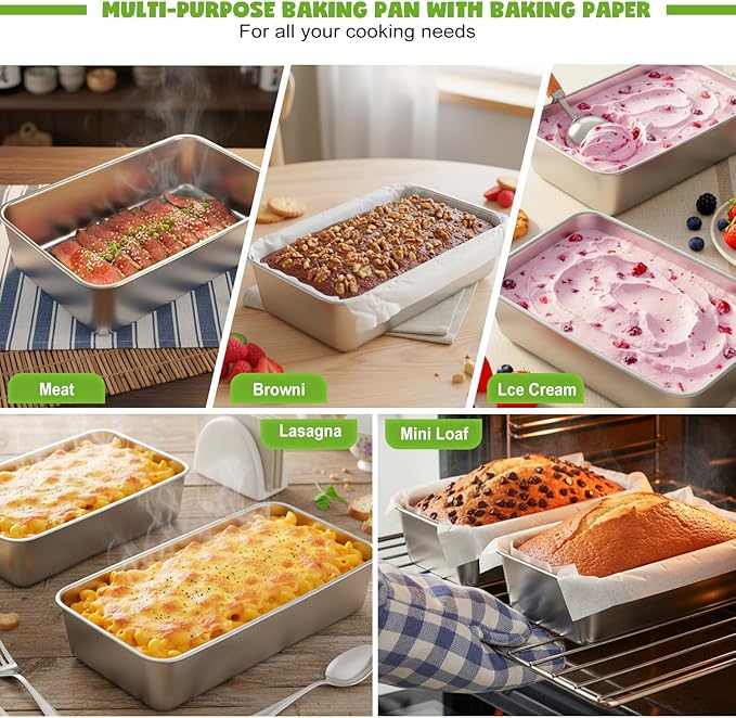 4 Packs 9×5 Inch Loaf Pans for Baking Bread, 304 Stainless Steel Loaf Bread Pan with Parchment Paper Liners, Metal Bakeware for Bread, Meatloaf, Cake & Brownies, Easy Release, Oven & Dishwasher Safe