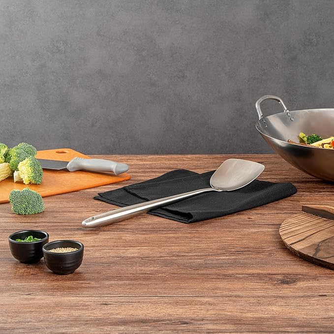 Motomori 17 Inch Wok Spatula, 1 Wide Cooking Turner - Hanging Hole, Extra Long Handle, 304 Stainless Steel Chinese Cooking Spatula, Dishwashable, For Stirring, Flipping, Frying - Restaurantware