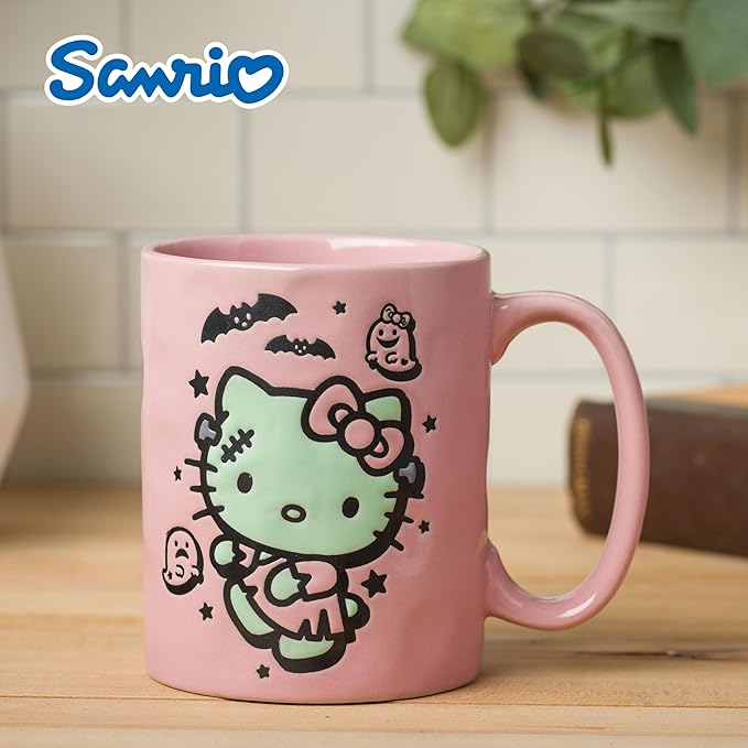Silver Buffalo Sanrio Hello Kitty Halloween Frankenstein Wax Resist Ceramic Pottery Mug, 17 Ounces