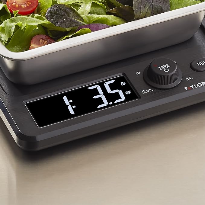 Taylor Digital Kitchen Scale with Dishwasher Safe Stainless Steel Container and Snap On, 22 pound capacity, Black