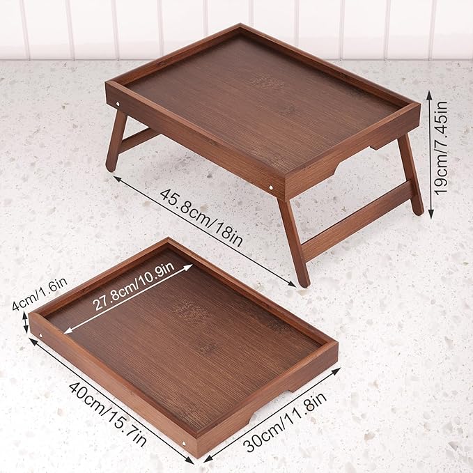 2 Pack Bamboo Bed Tray Table with Folding Legs,Breakfast Trays,Serving Tray for Food and Snack,Laptop Trays for Working(Brown)