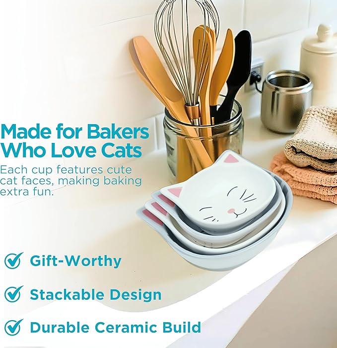 Cat Measuring Cups Set - Novelty Cat Kitchen Accessories & Baking Gifts - Unique Measuring Cups for Stackable & Cute Baking Supplies - Durable, Fun and Decorative Kitty Cup for Cooking (Set of 4)