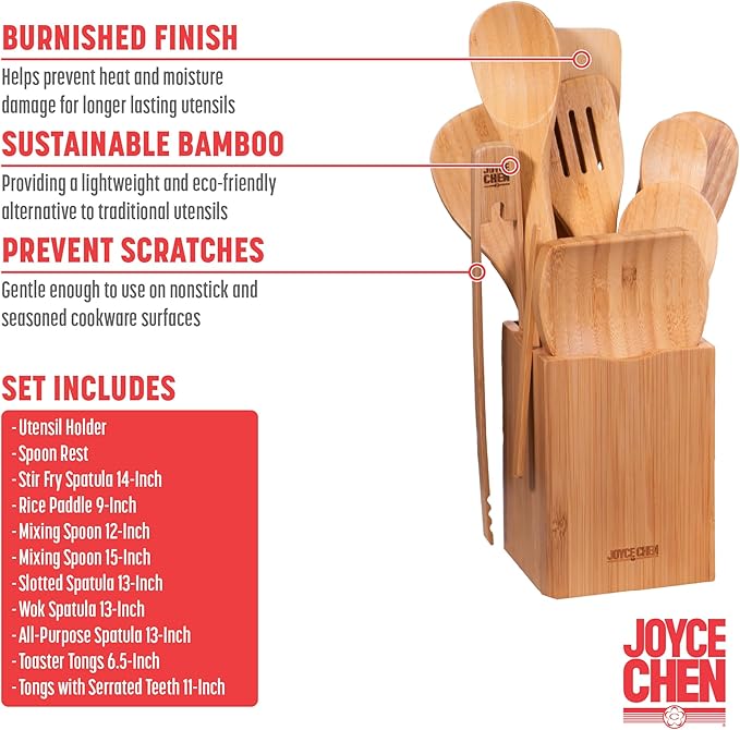 Joyce Chen 11-Piece Burnished Bamboo Cooking Utensil Set with Holder & Spoon Rest, Nonstick-Safe Spoons, Spatulas & Tongs