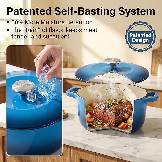 5.5QT Enamel Cast Iron Dutch Oven with Lid,Dual Handles,Versatile Heavy-Duty Non-toxic Cookware for Sourdough Bread Baking,Braising,Stews,Roasting,Oven Safe up to 500°F blue