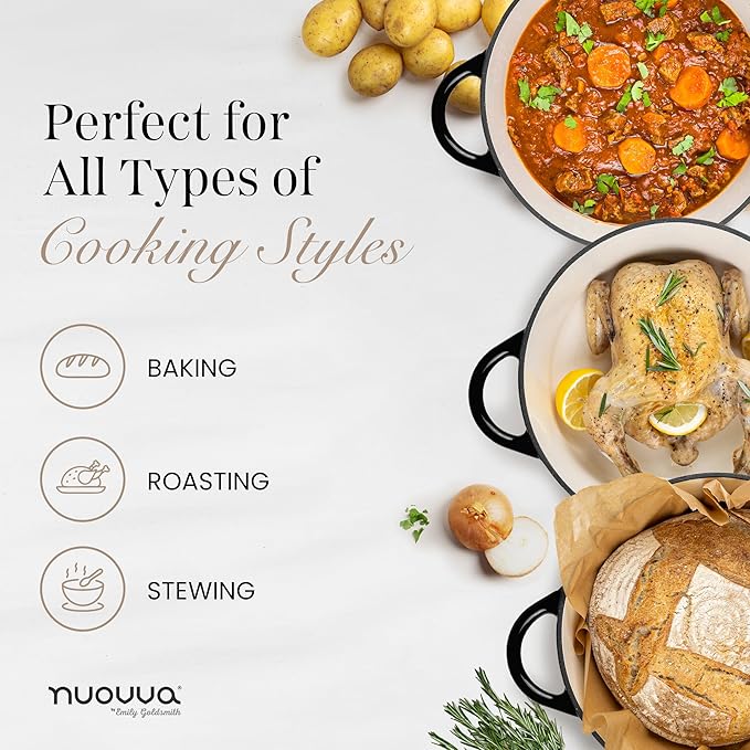 Cast Iron Dutch Oven with Lid – Non-Stick Ovenproof Enamelled Casserole Pot – Sturdy Dutch Oven Cookware – Black, 7.3-Quart, 30cm – by Nuovva