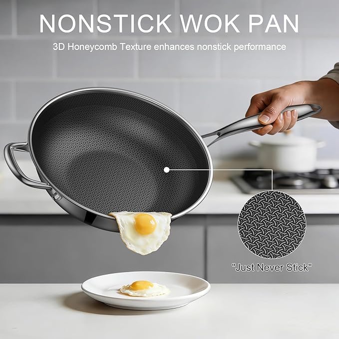 Hybrid Nonstick Wok, 12.5-Inch Stainless Steel Wok with Lid, Laser-Textured Wok Pan, PFOA-Free Woks & Stir-Fry Pans, Oven & Dishwasher safe, Induction Ready, Compatible for Gas Electric Glass Cooktops