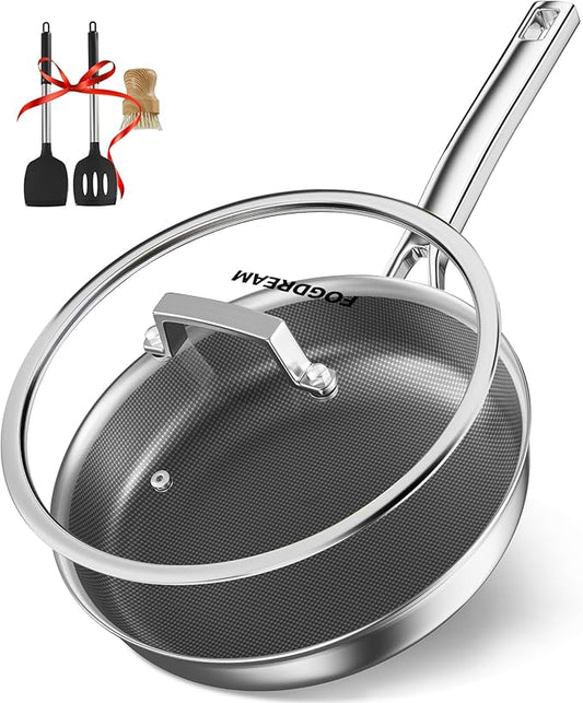 FogDream Titanium Non Stick Frying Pan, 10in Tri-Ply Hybrid Stainless Steel Skillet with Spatulas, All-in-One Cookware, Stay Cool Handle, Dishwasher & Oven-Safe,Induction Compatible,Silver