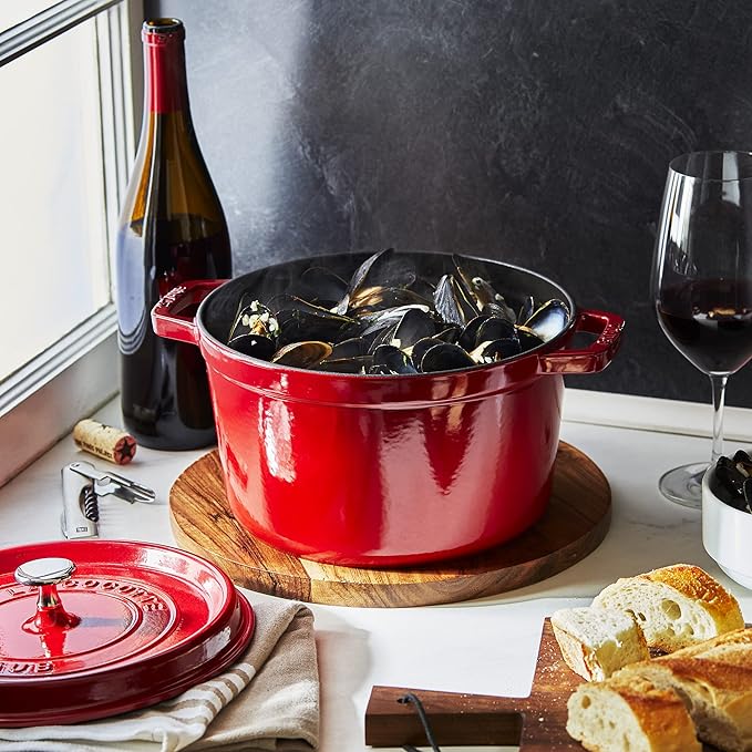Staub Cast Iron Dutch Oven 5-qt Tall Cocotte, Made in France, Serves 5-6, Cherry
