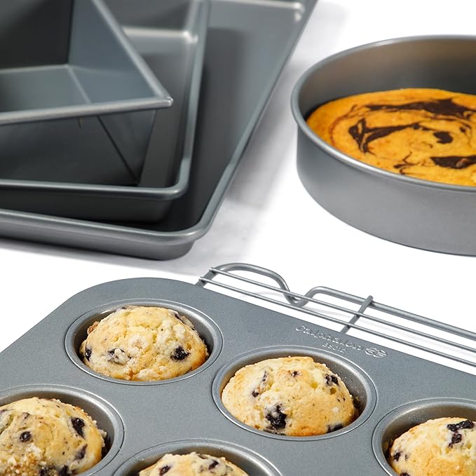 Calphalon Titan 10-Piece Nonstick Bakeware Set, Steel Core PFA-Free Nonstick Coating, Oven Safe, Includes Sheet Pans, Muffin Pan, Round Cake Pans, Loaf Pan and Cooling Rack, Silver