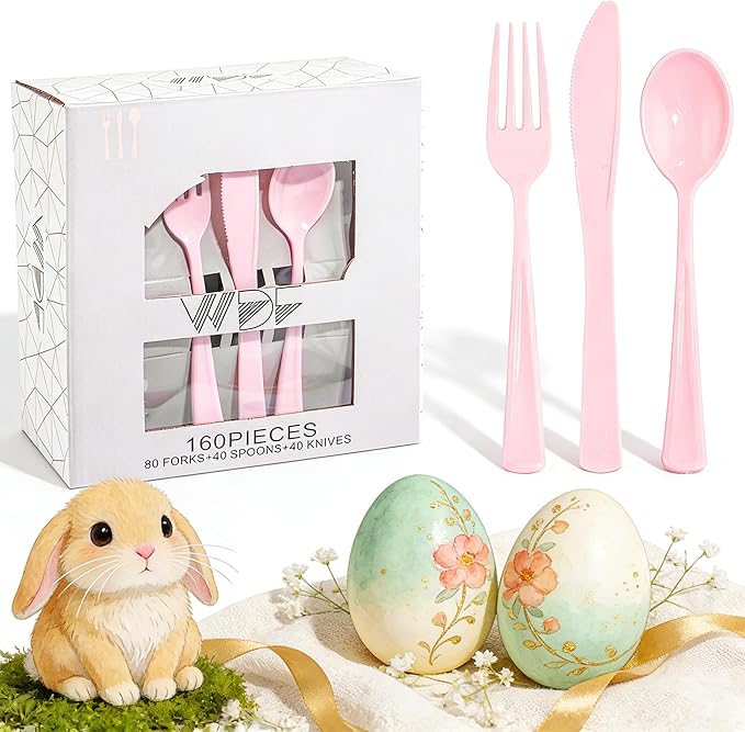 WDF 160 Piece Pink Plastic Silverware - Heavy Duty Pink Silverware Includes 80 Forks, 40 Spoons, 40 Knives, Plastic Utensils Perfect for Wedding/Party/Easter