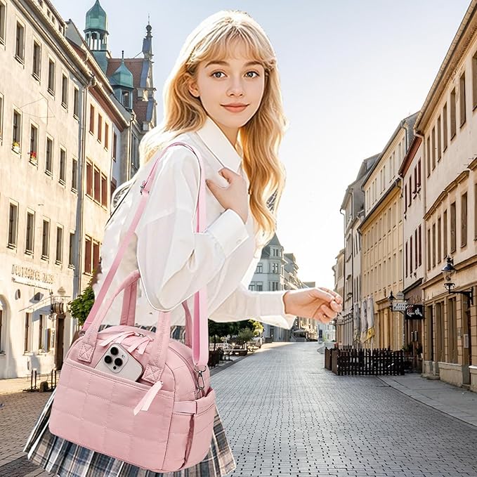 LEDAOU Lunch Box for Women Lunch bag Quilted Puffer Lunch Box with Adjustable Strap Insulated Reusable LunchBox for Work School Picnic Travel (Pink)