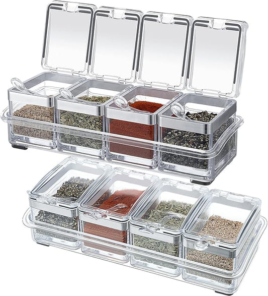 2 Set Acrylic Seasoning Organizer Box 10 x 4 x 3.2 in 8 Clear Seasoning Rack Spice Pot Condiment Container with Lid and Spoon Storage Container Spice Jar for Sugar Salt Kitchen Cooking Organizer