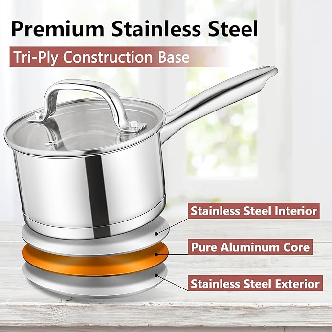 E-far Stainless Steel Saucepan with Lid, 3 Quart Sauce Pan Induction Pot for Cooking, Boiling, Compatible with All Stoves, Healthy & Non Toxic, Oven & Dishwasher Safe