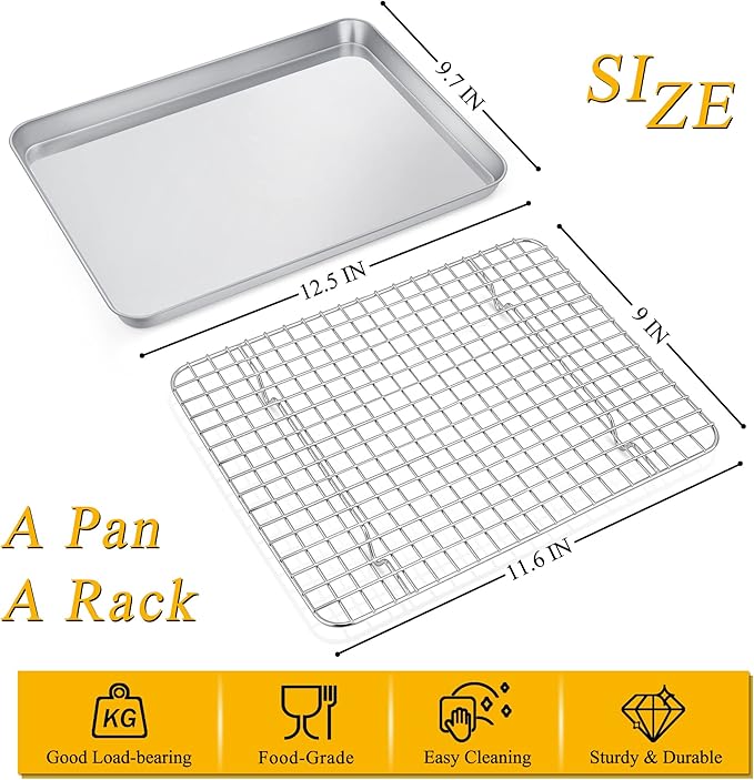 P&P CHEF 12.5 Inch Toaster Oven Pan with Rack Set, Stainless Steel Baking Pan Tray and Grid Cooling Rack for Cooking/Roasting, Dishwasher Safe & Easy to Clean, Non-toxic & Sturdy, (2Pcs)