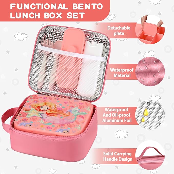 MAISON HUIS Bento Lunch Box with 8oz Soup Thermo, 5-Compartment Leak-Proof Container, Thermo Hot Food Jar and Insulated Lunch Bag, BPA Free,Travel, School
