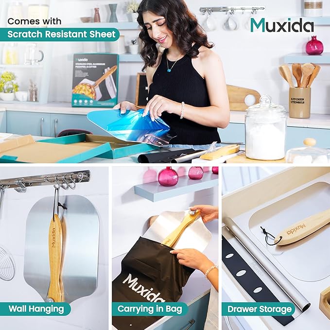 Aluminum Pizza Peel & Rocker Cutter Set (12" x 14") Premium Stainless Steel Pizza Paddle with Foldable Wooden Handle, Lightweight Pizza Spatula with Storage Bag for Oven & Outdoor Pizza Maker