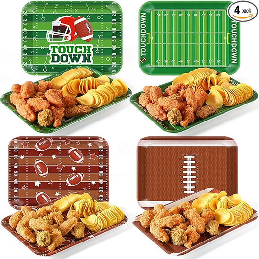 4 Pcs Melamine Serving Trays Platters Snack Trays Reusable Rectangle Platters for Sports Game Day Flower Tea Party Food Dessert Cookies Serving Plates Supplies, 13 x 9.7 Inch(Football)